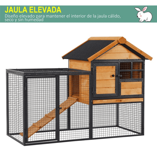 PawHut Coelheira Gaiola externa para pequenos animais de estimação 2 níveis com bandeja removível de madeira e rampa de metal 122x63x92 cm para coelhos cobaios de madeira e cinza