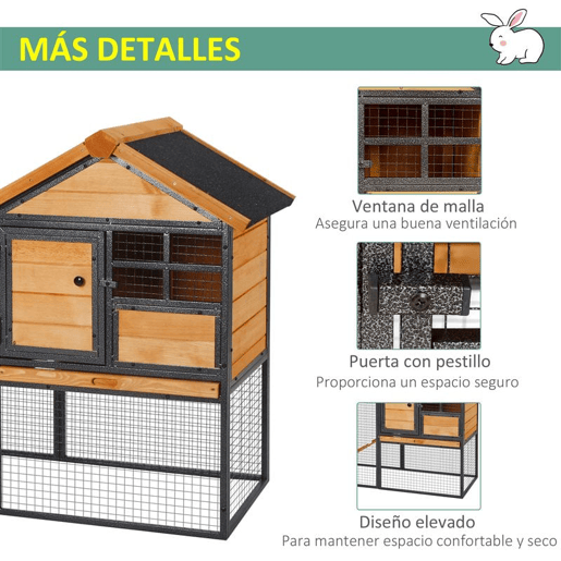 PawHut Coelheira Gaiola externa para pequenos animais de estimação 2 níveis com bandeja removível de madeira e rampa de metal 122x63x92 cm para coelhos cobaios de madeira e cinza
