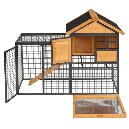 PawHut Coelheira Gaiola externa para pequenos animais de estimação 2 níveis com bandeja removível de madeira e rampa de metal 122x63x92 cm para coelhos cobaios de madeira e cinza