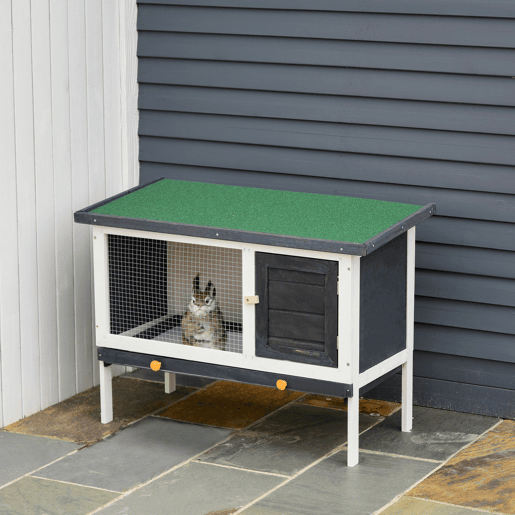 PawHut Coelheira de Madeira Gaiola Elevada para Coelhos Cobaias e Animais Pequenos com Teto Asfáltico Bandeja Removível e Porta com Trava 91x46x71cm Preto