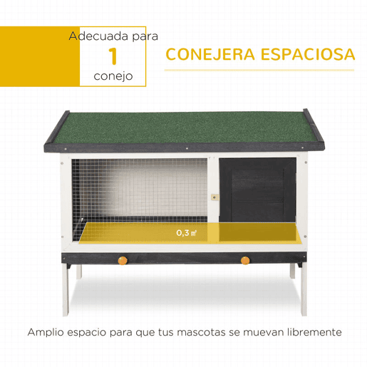 PawHut Coelheira de Madeira Gaiola Elevada para Coelhos Cobaias e Animais Pequenos com Teto Asfáltico Bandeja Removível e Porta com Trava 91x46x71cm Preto