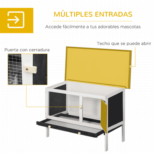PawHut Coelheira de Madeira Gaiola Elevada para Coelhos Cobaias e Animais Pequenos com Teto Asfáltico Bandeja Removível e Porta com Trava 91x46x71cm Preto