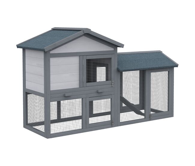 Pawhut conejera madera de exterior jaula para conejo con bandeja extraíble rampa antideslizante incorporadas puertas gran espacio de actividades 147x54x84 cm gris