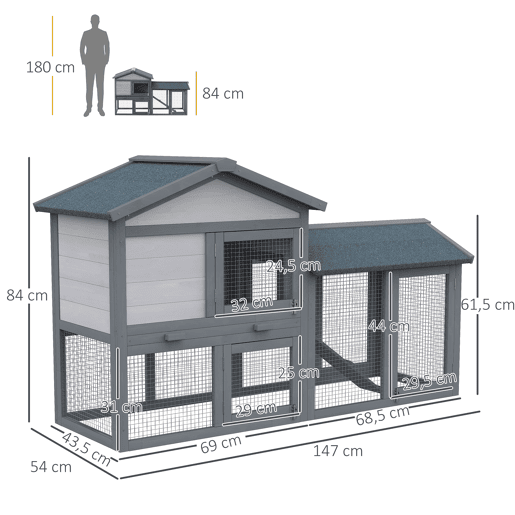 PawHut Casa para Coelhos de Madeira Coelheira para Exterior com Bandeja Removível 147x54x84cm Cinza
