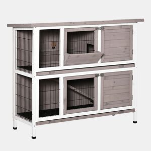 PawHut Coelheira de Madeira Exterior de 2 Níveis Gaiola para 1-2 Coelhos com Telhado com Abertura Comedouro Bandejas Removíveis Rampa e Portas com Fechadura 122x50x101cm Cor Areia