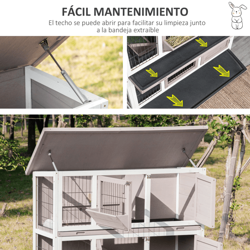 PawHut Coelheira de Madeira Exterior de 2 Níveis Gaiola para 1-2 Coelhos com Telhado com Abertura Comedouro Bandejas Removíveis Rampa e Portas com Fechadura 122x50x101cm Cor Areia