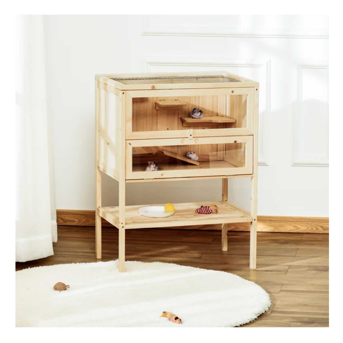 Pawhut jaula de madera para hámster ratones casa de juegos con 5 plataformas rampa techo abatible ventana cristal plástico y estante inferior 60x40x80 cm natural