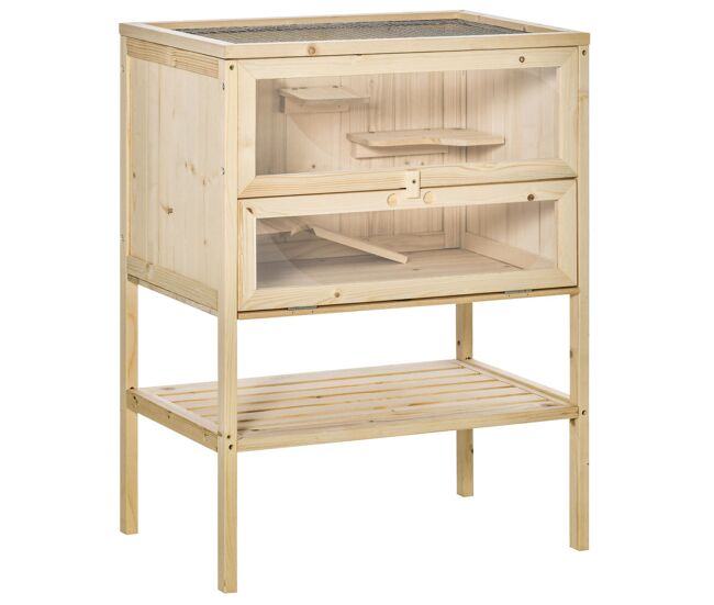 Pawhut jaula de madera para hámster ratones casa de juegos con 5 plataformas rampa techo abatible ventana cristal plástico y estante inferior 60x40x80