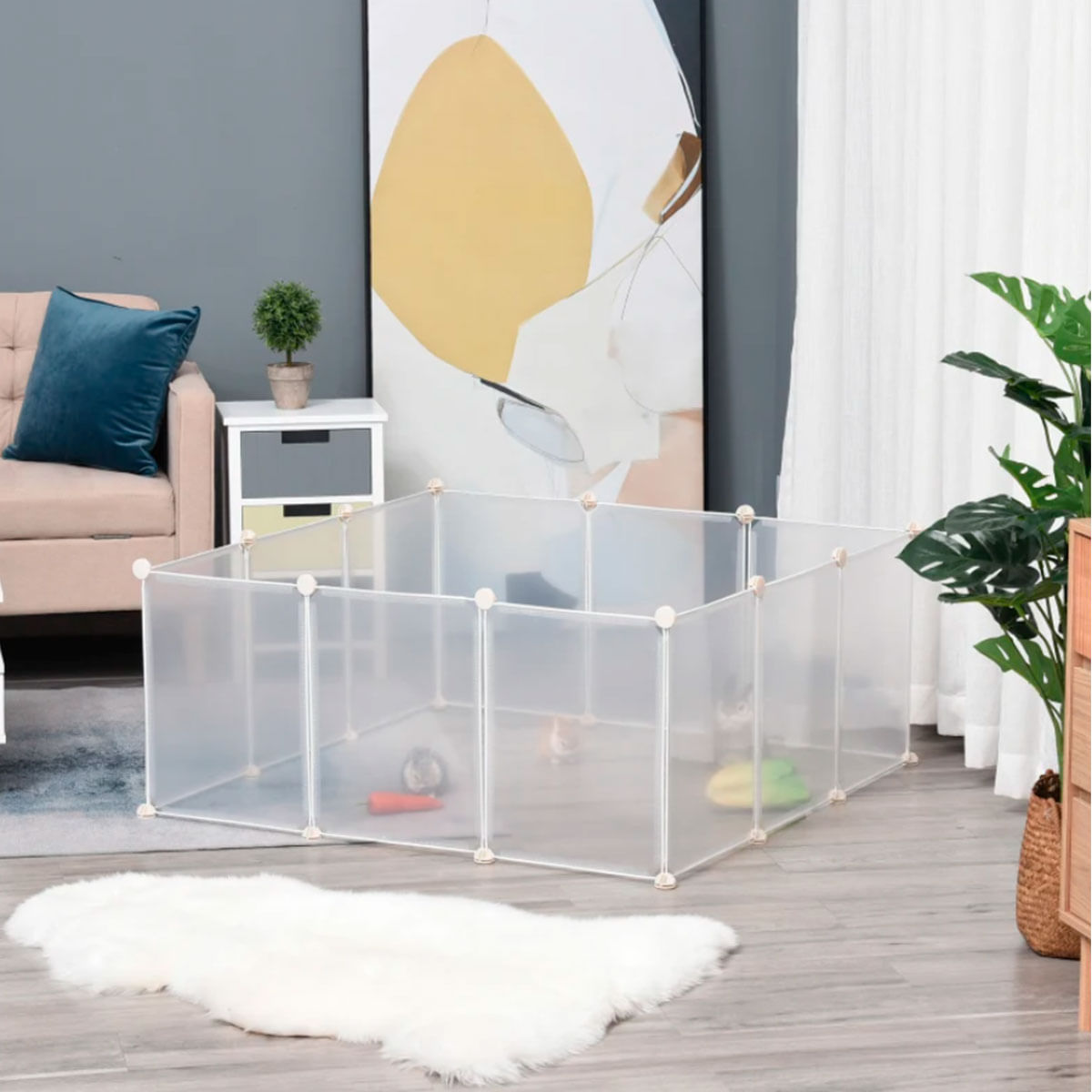 Pawhut valla para mascotas, jaula modular, recinto interior de plástico transparente con 12 paneles, 24 conectores, para cobayas, 105x105x45 cm, blanco