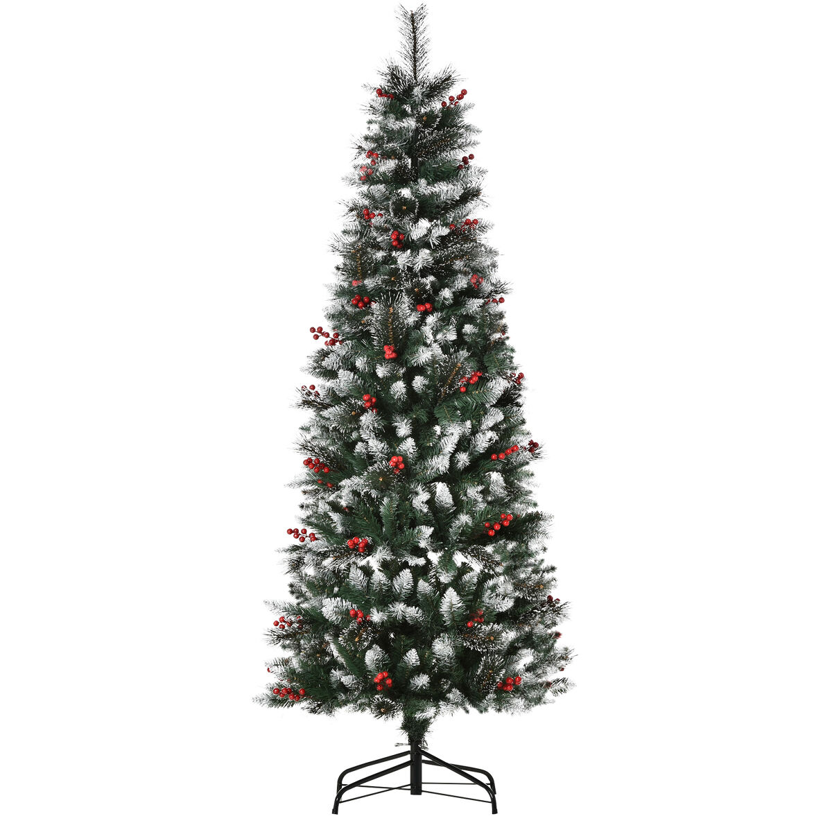 Homcom árbol de navidad 180 cm con nieve árbol de navidad artificial con 539 ramas 51 bayas base plegable y soporte metálico decoración navideña para interiores verde