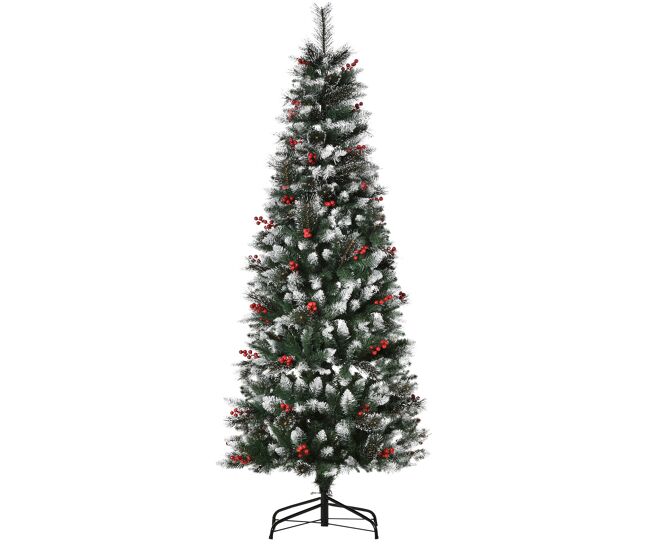 Homcom árbol de navidad 180 cm con nieve árbol de navidad artificial con 539 ramas 51 bayas base plegable y soporte metálico decoración navideña para interiores verde
