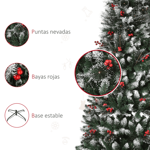 HOMCOM Árvore de Natal Artificial 180cm Ignífugo com 539 Ramos 51 Bagas Folhas de PVC Base Dobrável e Suporte Metálico Decoração de Natal para Interiores Verde
