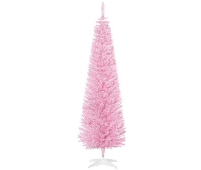 Homcom árbol de navidad estrecho 180 cm, árbol artificial con 390 ramas, base de plástico desmontable, fácil montaje, para salón interior, rosa
