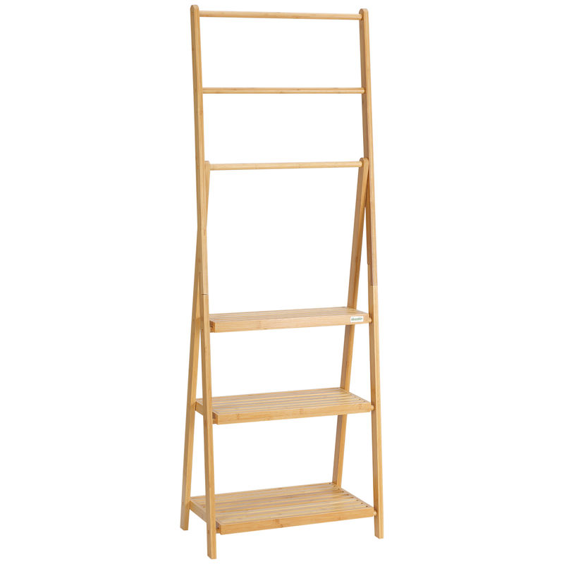 Homcom toallero de pie de bambú con 3 barras toallero escalera plegable con 3 estantes de almacenamiento para baño lavadero 53x30,5x152 cm natural