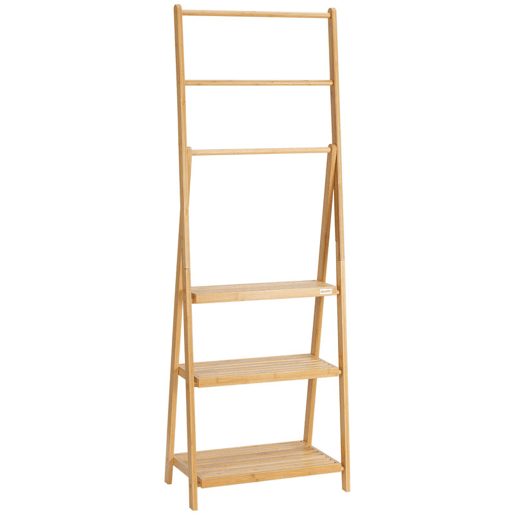 kleankin Toalheiro de Pé de Bambu com 3 Barras Toalheiro Dobrável com 3 Prateleiras de Armazenamento para Casa de Banho Lavanderia 53x30,5x152cm Madeira
