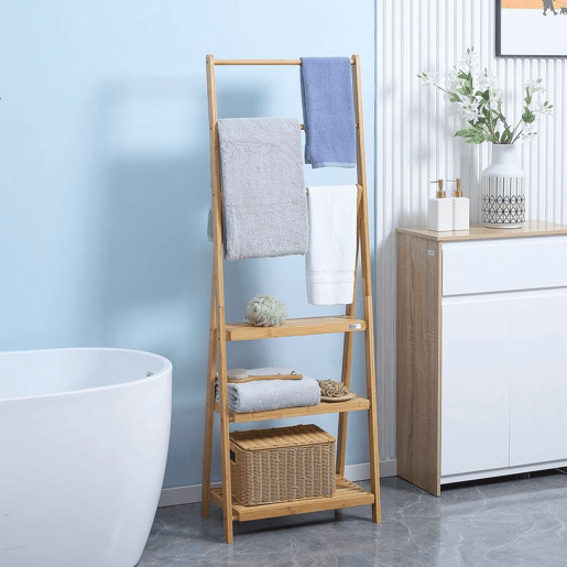 kleankin Toalheiro de Pé de Bambu com 3 Barras Toalheiro Dobrável com 3 Prateleiras de Armazenamento para Casa de Banho Lavanderia 53x30,5x152cm Madeira
