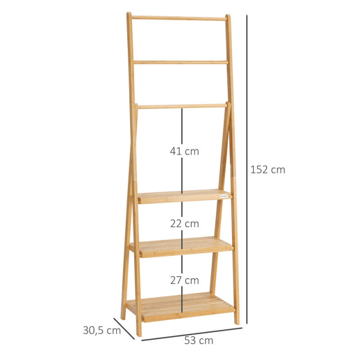 kleankin Toalheiro de Pé de Bambu com 3 Barras Toalheiro Dobrável com 3 Prateleiras de Armazenamento para Casa de Banho Lavanderia 53x30,5x152cm Madeira