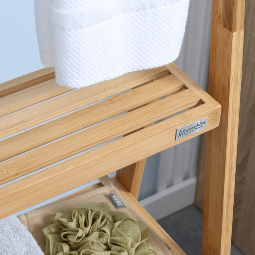 kleankin Toalheiro de Pé de Bambu com 3 Barras Toalheiro Dobrável com 3 Prateleiras de Armazenamento para Casa de Banho Lavanderia 53x30,5x152cm Madeira