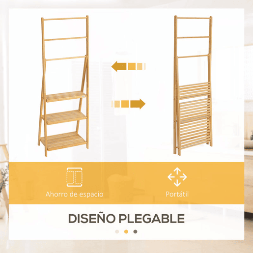 kleankin Toalheiro de Pé de Bambu com 3 Barras Toalheiro Dobrável com 3 Prateleiras de Armazenamento para Casa de Banho Lavanderia 53x30,5x152cm Madeira