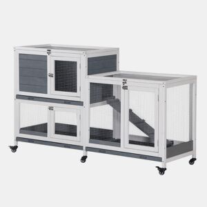 PawHut Coelheira de Madeira com Rodas 147x45,5x88,5cm Gaiola para Coelhos de 2 Níveis com Teto Abatível 2 Cercados de Metal 3 Bandejas Removíveis 3 Portas com Trava e Rampa Cinza