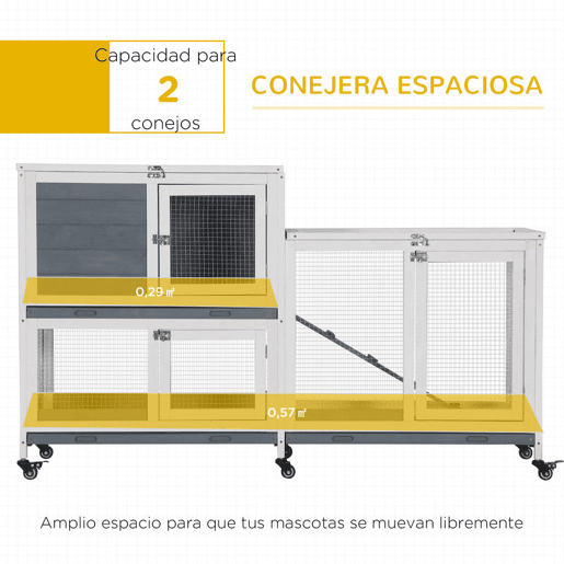 PawHut Coelheira de Madeira com Rodas 147x45,5x88,5cm Gaiola para Coelhos de 2 Níveis com Teto Abatível 2 Cercados de Metal 3 Bandejas Removíveis 3 Portas com Trava e Rampa Cinza
