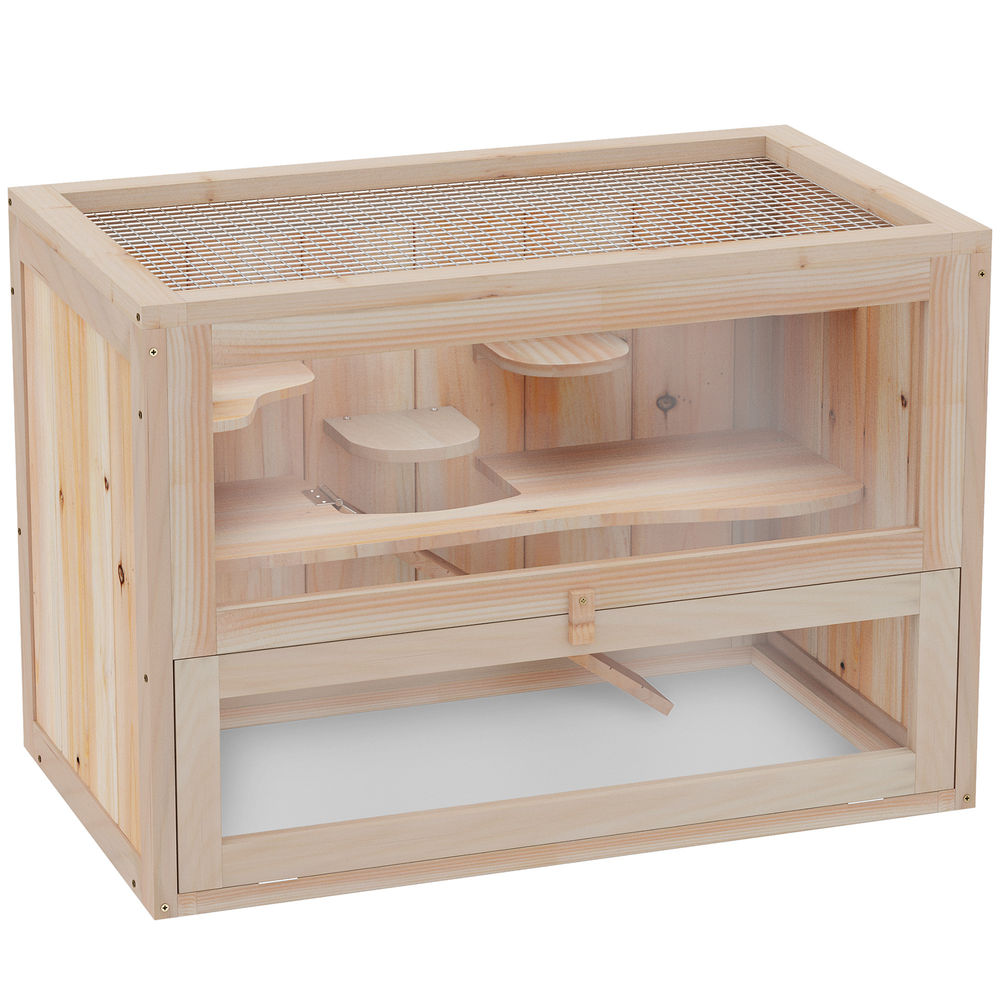 Pawhut jaula para hámster de madera de 2 niveles casa para animales pequeños con plataformas escaleras 60x35x42 cm madera natural