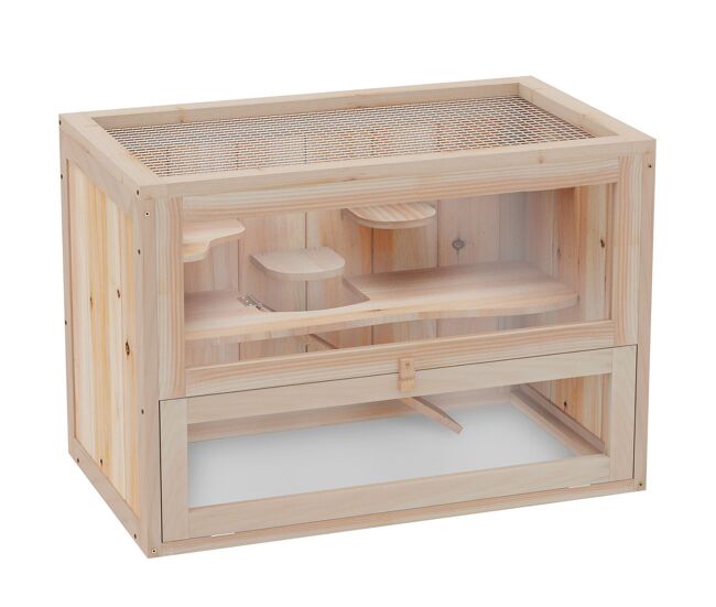 Pawhut jaula para hámster de madera de 2 niveles casa para animales pequeños con plataformas escaleras 60x35x42 cm madera natural