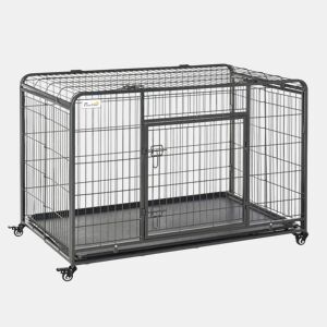 PawHut Gaiola dobrável de metal com rodas e freios Bandeja removível e porta com travas125x76x81 cm Cinza escuro
