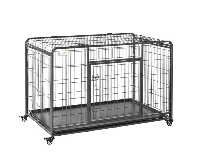 Pawhut jaula para perros plegable de metal jaula para perros grandes 125x76x81 cm con ruedas y frenos bandeja extraíble y puerta con pestillos para
