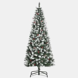 HOMCOM Árvore de Natal Artificial 180 cm Ignífugo com 618 Ramos 34 Bagas 30 Pinhas Folhas de PVC e Suporte Metálico Decoração de Natal para Interiores Ø65x180cm Verde