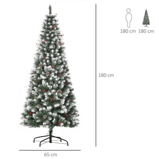 HOMCOM Árvore de Natal Artificial 180 cm Ignífugo com 618 Ramos 34 Bagas 30 Pinhas Folhas de PVC e Suporte Metálico Decoração de Natal para Interiores Ø65x180cm Verde