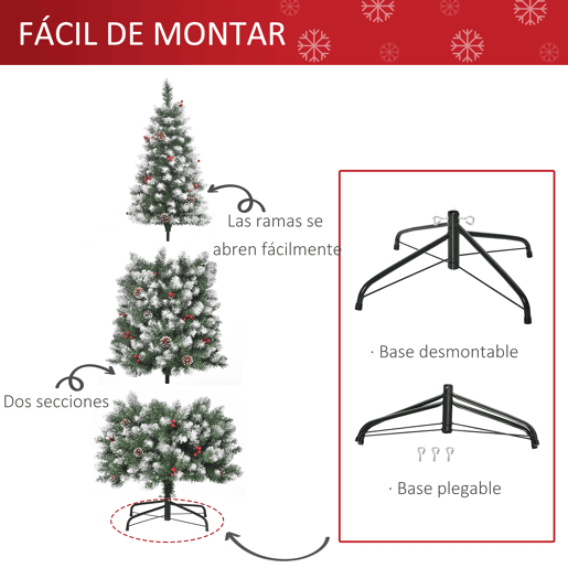 HOMCOM Árvore de Natal Artificial 180 cm Ignífugo com 618 Ramos 34 Bagas 30 Pinhas Folhas de PVC e Suporte Metálico Decoração de Natal para Interiores Ø65x180cm Verde