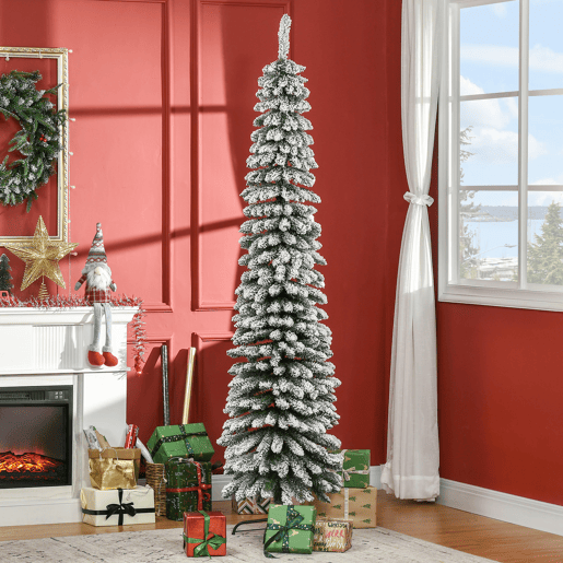 HOMCOM Árvore de Natal Artificial 210cm com Neve Ignífugo com 490 Ramos Folhas de PVC Base Dobrável e Suporte Metálico Decoração de Natal para Interiores Verde