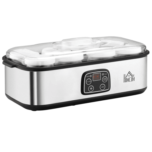 HOMCOM Iogurteira 30W Volume 1,44L com 8 Frascos de Cristal de 180ml Termostato Ajustável Temporizador de 1-48 Horas e Desligado Automático 36x18,8x14cm Prata HOMCOM Iogurteira 30W Volume 1,44L com 8 Frascos de Cristal de 180ml Termostato Ajustável Temporizador de 1-48 Horas e Desligado Automático 36x18,8x14cm Prata
