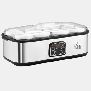 HOMCOM Iogurteira 30W Volume 1,44L com 8 Frascos de Cristal de 180ml Termostato Ajustável Temporizador de 1-48 Horas e Desligado Automático 36x18,8x14cm Prata