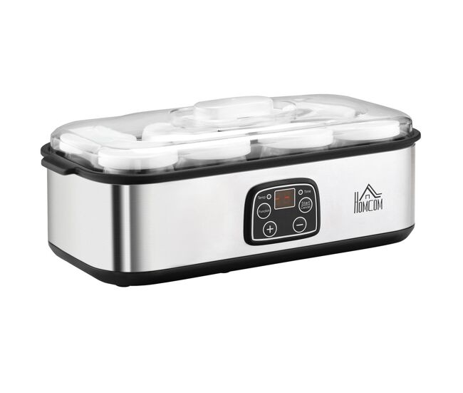 Homcom yogurtera 25w capacidad 1,44l con 8 tarros de cristal de 180 ml termostato ajustable temporizador de 1-48 horas y apagado automático 36x18,8x14 cm plata