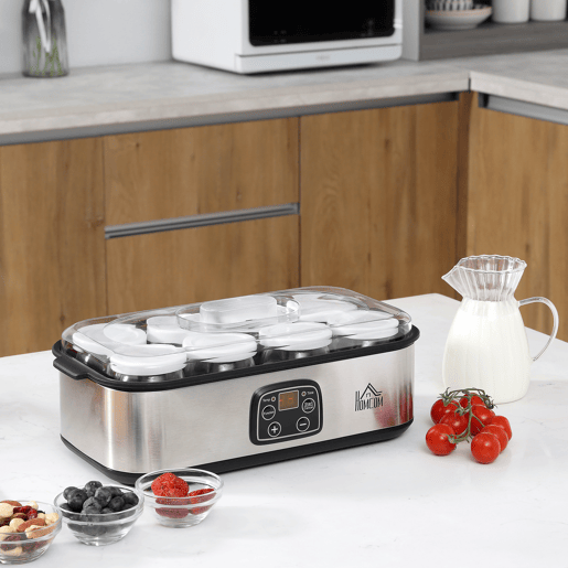 HOMCOM Iogurteira 30W Volume 1,44L com 8 Frascos de Cristal de 180ml Termostato Ajustável Temporizador de 1-48 Horas e Desligado Automático 36x18,8x14cm Prata HOMCOM Iogurteira 30W Volume 1,44L com 8 Frascos de Cristal de 180ml Termostato Ajustável Temporizador de 1-48 Horas e Desligado Automático 36x18,8x14cm Prata