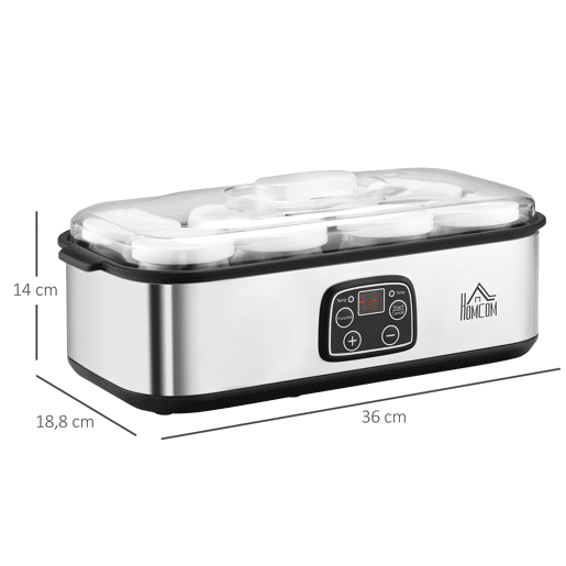HOMCOM Iogurteira 30W Volume 1,44L com 8 Frascos de Cristal de 180ml Termostato Ajustável Temporizador de 1-48 Horas e Desligado Automático 36x18,8x14cm Prata HOMCOM Iogurteira 30W Volume 1,44L com 8 Frascos de Cristal de 180ml Termostato Ajustável Temporizador de 1-48 Horas e Desligado Automático 36x18,8x14cm Prata