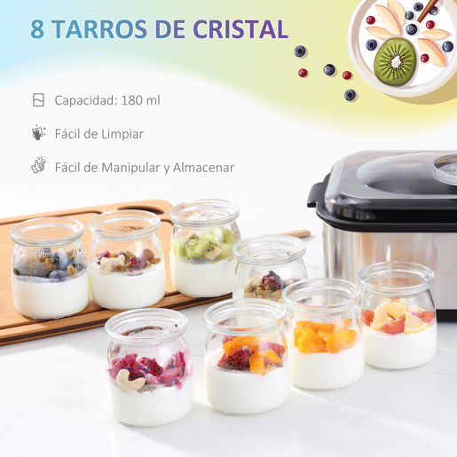 HOMCOM Iogurteira 30W Volume 1,44L com 8 Frascos de Cristal de 180ml Termostato Ajustável Temporizador de 1-48 Horas e Desligado Automático 36x18,8x14cm Prata HOMCOM Iogurteira 30W Volume 1,44L com 8 Frascos de Cristal de 180ml Termostato Ajustável Temporizador de 1-48 Horas e Desligado Automático 36x18,8x14cm Prata