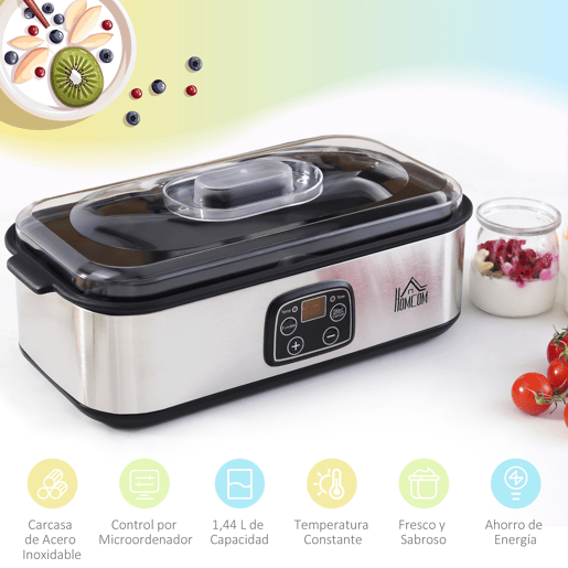 HOMCOM Iogurteira 30W Volume 1,44L com 8 Frascos de Cristal de 180ml Termostato Ajustável Temporizador de 1-48 Horas e Desligado Automático 36x18,8x14cm Prata HOMCOM Iogurteira 30W Volume 1,44L com 8 Frascos de Cristal de 180ml Termostato Ajustável Temporizador de 1-48 Horas e Desligado Automático 36x18,8x14cm Prata