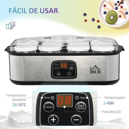 HOMCOM Iogurteira 30W Volume 1,44L com 8 Frascos de Cristal de 180ml Termostato Ajustável Temporizador de 1-48 Horas e Desligado Automático 36x18,8x14cm Prata HOMCOM Iogurteira 30W Volume 1,44L com 8 Frascos de Cristal de 180ml Termostato Ajustável Temporizador de 1-48 Horas e Desligado Automático 36x18,8x14cm Prata