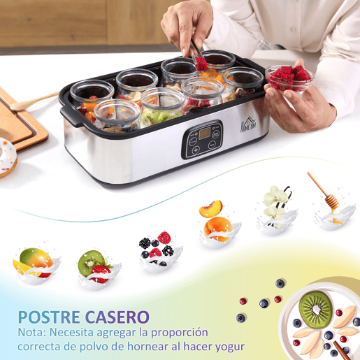 HOMCOM Iogurteira 30W Volume 1,44L com 8 Frascos de Cristal de 180ml Termostato Ajustável Temporizador de 1-48 Horas e Desligado Automático 36x18,8x14cm Prata HOMCOM Iogurteira 30W Volume 1,44L com 8 Frascos de Cristal de 180ml Termostato Ajustável Temporizador de 1-48 Horas e Desligado Automático 36x18,8x14cm Prata