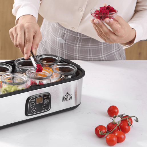 HOMCOM Iogurteira 30W Volume 1,44L com 8 Frascos de Cristal de 180ml Termostato Ajustável Temporizador de 1-48 Horas e Desligado Automático 36x18,8x14cm Prata HOMCOM Iogurteira 30W Volume 1,44L com 8 Frascos de Cristal de 180ml Termostato Ajustável Temporizador de 1-48 Horas e Desligado Automático 36x18,8x14cm Prata