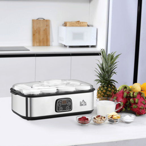 HOMCOM Iogurteira 30W Volume 1,44L com 8 Frascos de Cristal de 180ml Termostato Ajustável Temporizador de 1-48 Horas e Desligado Automático 36x18,8x14cm Prata HOMCOM Iogurteira 30W Volume 1,44L com 8 Frascos de Cristal de 180ml Termostato Ajustável Temporizador de 1-48 Horas e Desligado Automático 36x18,8x14cm Prata