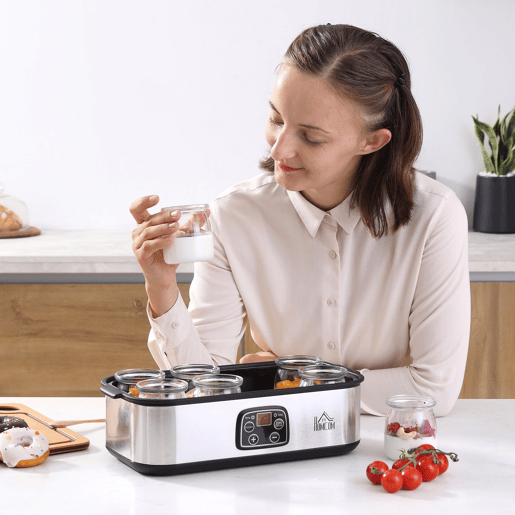 HOMCOM Iogurteira 30W Volume 1,44L com 8 Frascos de Cristal de 180ml Termostato Ajustável Temporizador de 1-48 Horas e Desligado Automático 36x18,8x14cm Prata HOMCOM Iogurteira 30W Volume 1,44L com 8 Frascos de Cristal de 180ml Termostato Ajustável Temporizador de 1-48 Horas e Desligado Automático 36x18,8x14cm Prata