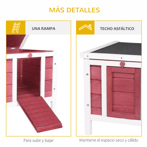 PawHut Coelheira de Madeira Exterior Coelheira para Roedores Animais de Estimação Pequenos com Teto Asfáltico e Rampa Antiderrapante 42x51x43cm Vermelho