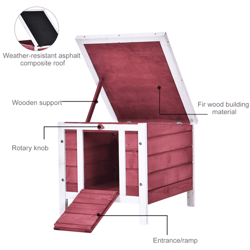 PawHut Coelheira de Madeira Exterior Coelheira para Roedores Animais de Estimação Pequenos com Teto Asfáltico e Rampa Antiderrapante 42x51x43cm Vermelho