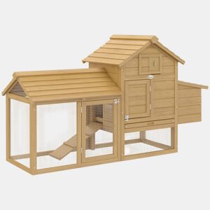 PawHut Galinheiro de Madeira XXL para Exterior com 2 Cercados de Arame, Caixa de Ninho com Teto Abrível, Bandeja Removível em Metal Galvanizado e Rampa 151,5x54x87 cm Natural
