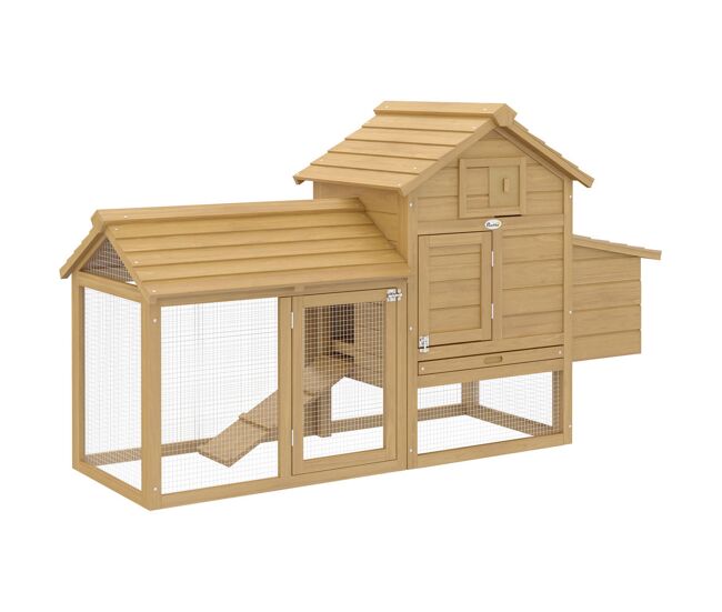 Pawhut gallinero de madera para exterior xxl gallinero con 2 corrales de alambre caja nido con techo abrible bandeja extraíble de metal galvanizado y rampa 151,5x54x87 cm natural