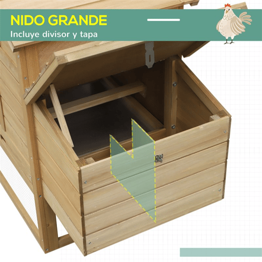 PawHut Galinheiro de Madeira XXL para Exterior com 2 Cercados de Arame, Caixa de Ninho com Teto Abrível, Bandeja Removível em Metal Galvanizado e Rampa 151,5x54x87 cm Natural